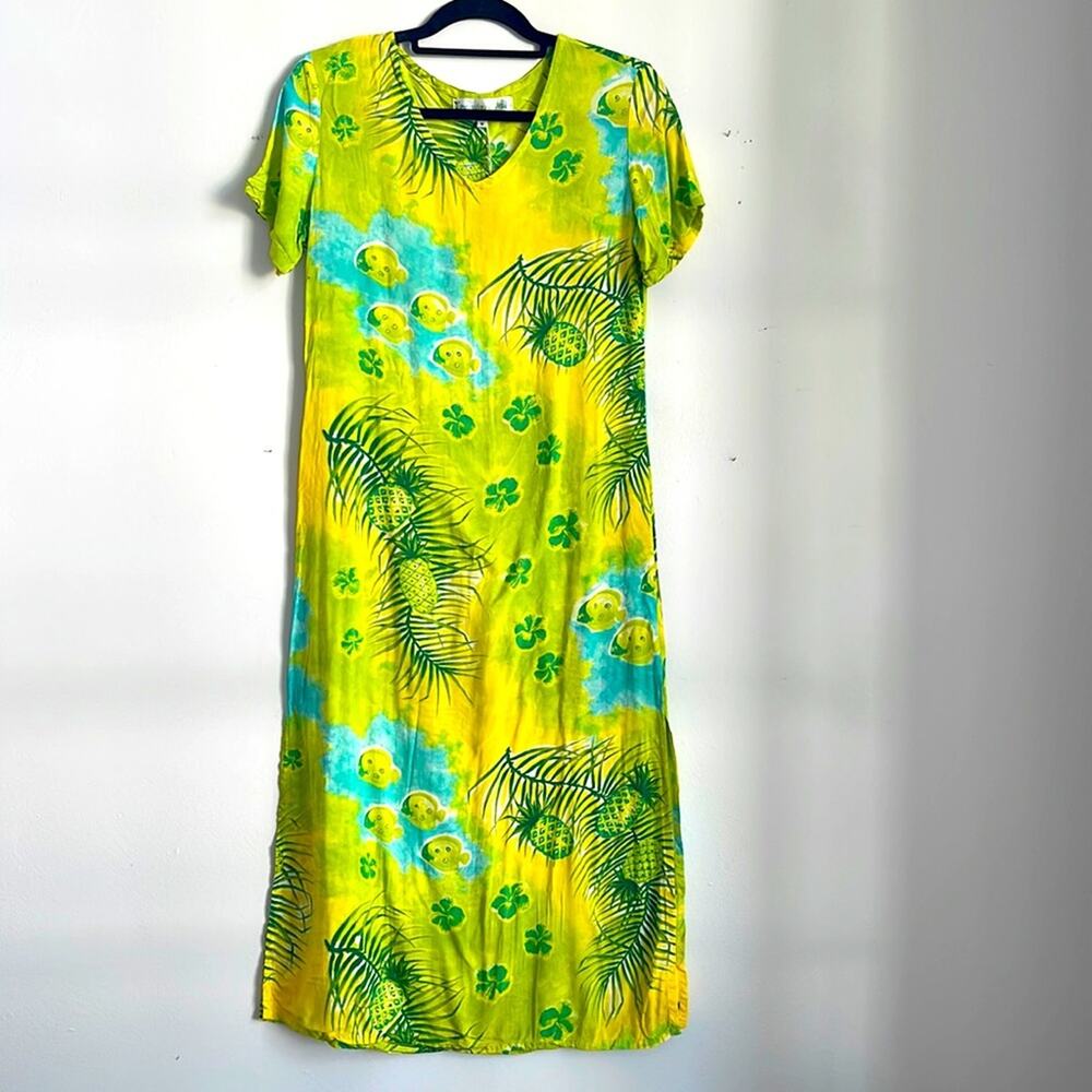 Vintage Tropical Mi Hawaiian Aloha fish print short sleeve maxi midi dress  S